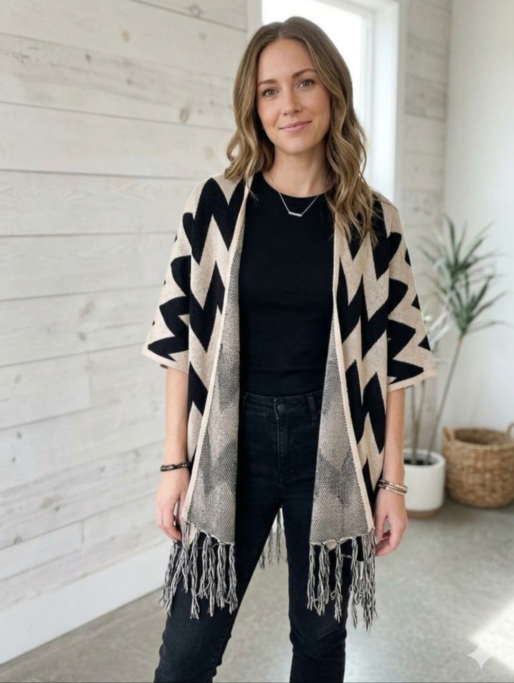 Beige and Black Zigzag Fringe Open-Front Women's Sweater